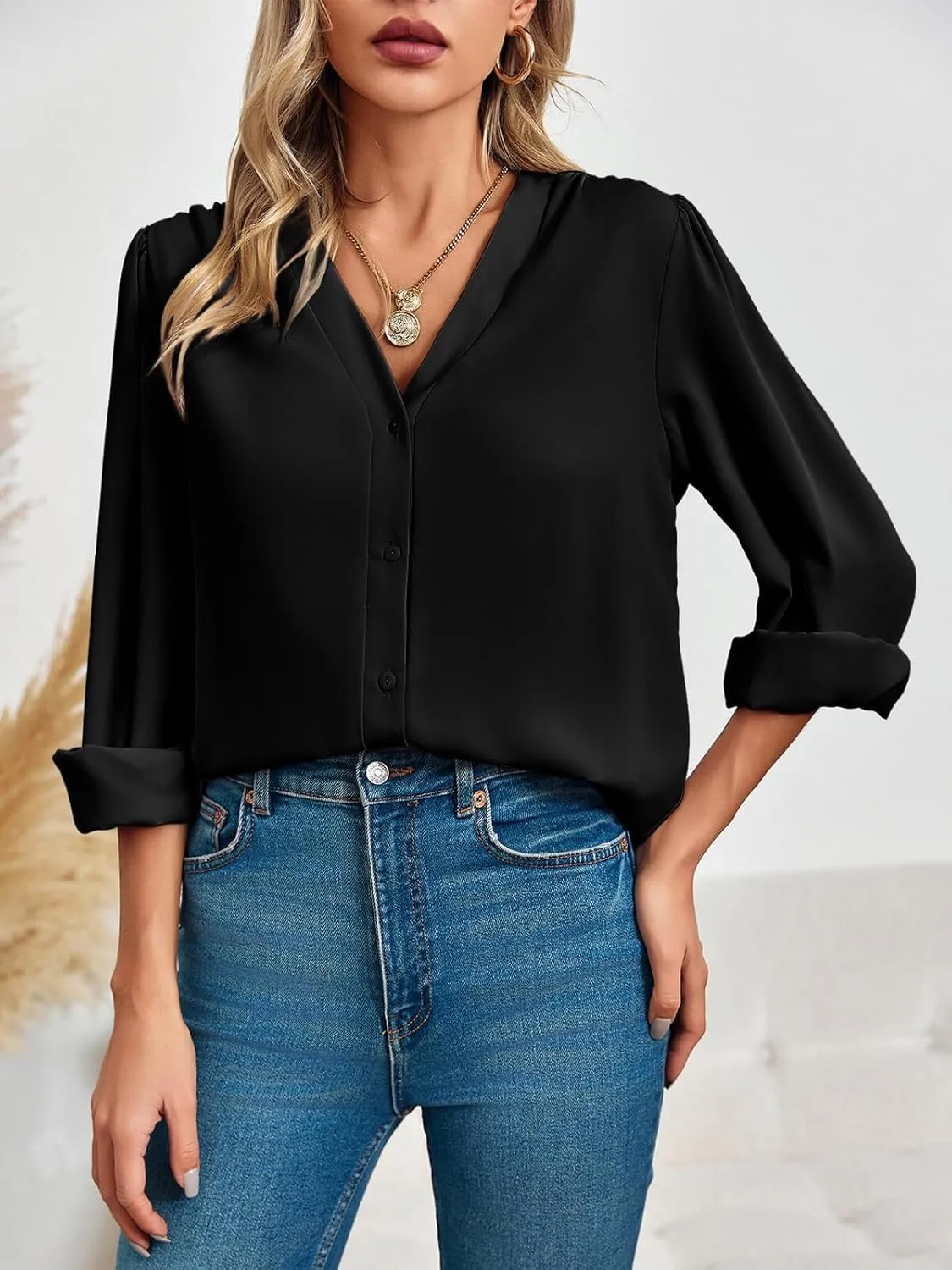 Women's Business Casual Tops Summer Long Sleeve Button Down Shirts V Neck Chiffon Blouses