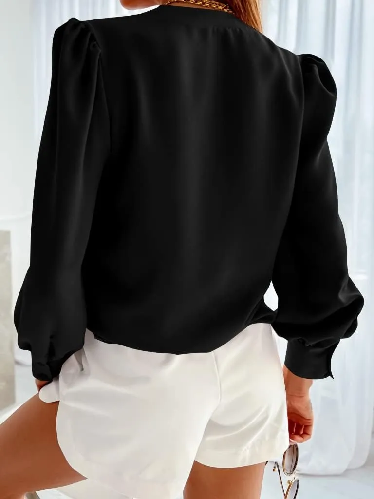 Women's Business Casual Tops Summer Long Sleeve Button Down Shirts V Neck Chiffon Blouses