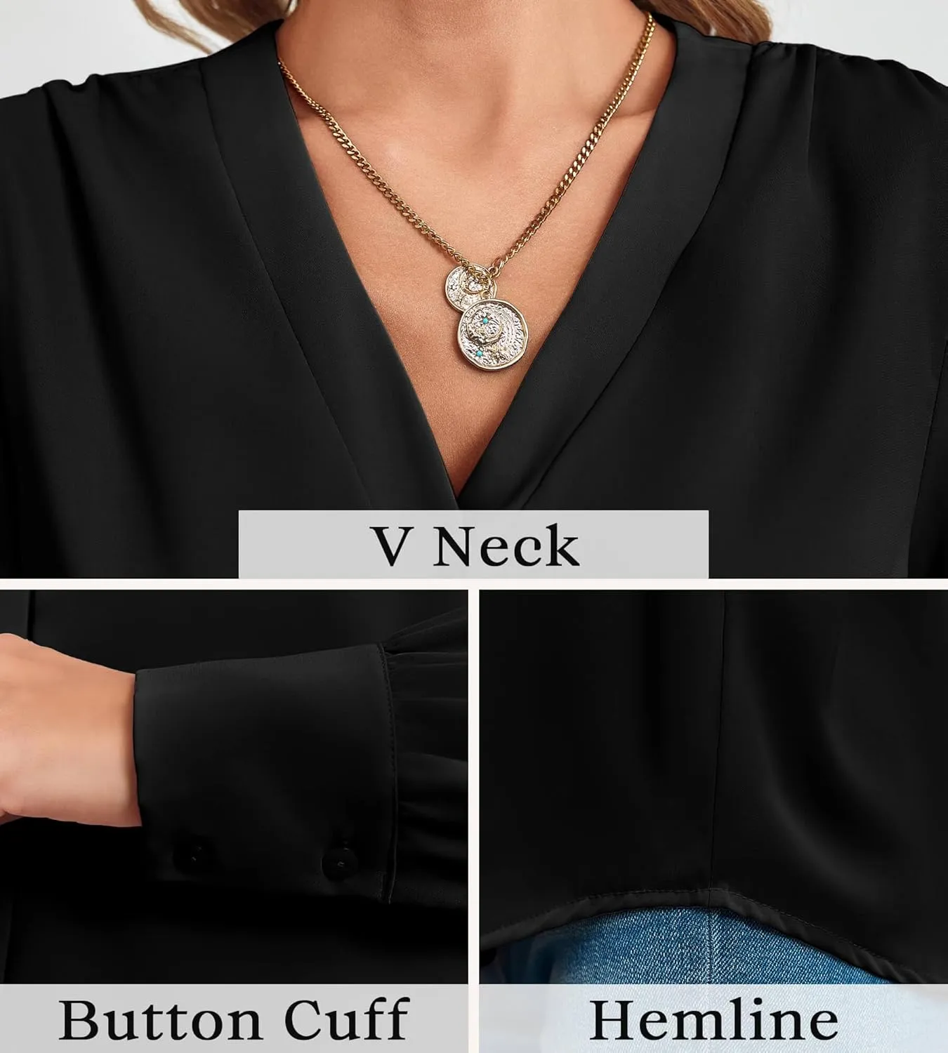 Women's Business Casual Tops Summer Long Sleeve Button Down Shirts V Neck Chiffon Blouses