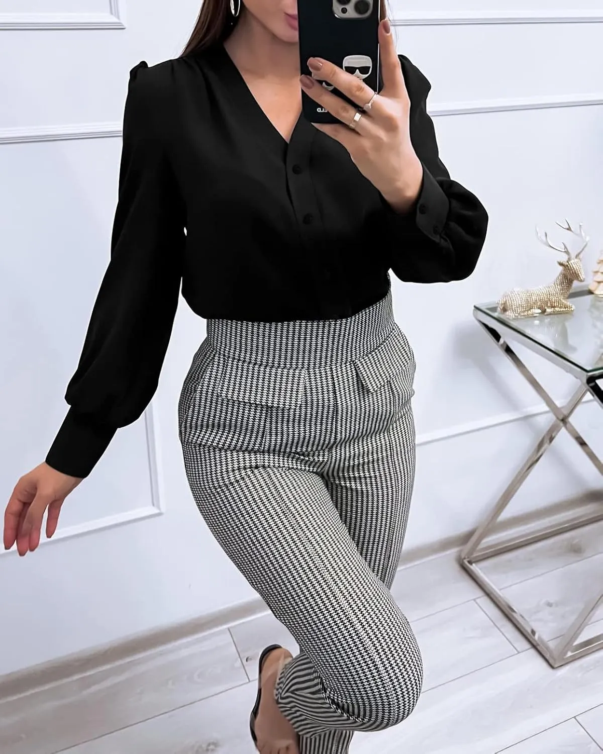 Women's Business Casual Tops Summer Long Sleeve Button Down Shirts V Neck Chiffon Blouses