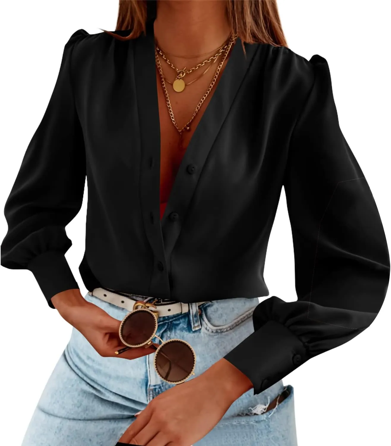 Women's Business Casual Tops Summer Long Sleeve Button Down Shirts V Neck Chiffon Blouses