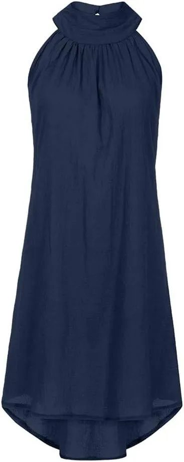 Women's Casual Tie Back Halter Neck Flared Hem Flowy Pleated Beach Sundress Sleeveless Summer A Dresses for Juniors