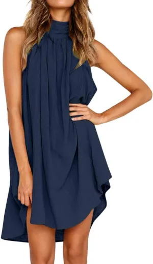 Women's Casual Tie Back Halter Neck Flared Hem Flowy Pleated Beach Sundress Sleeveless Summer A Dresses for Juniors