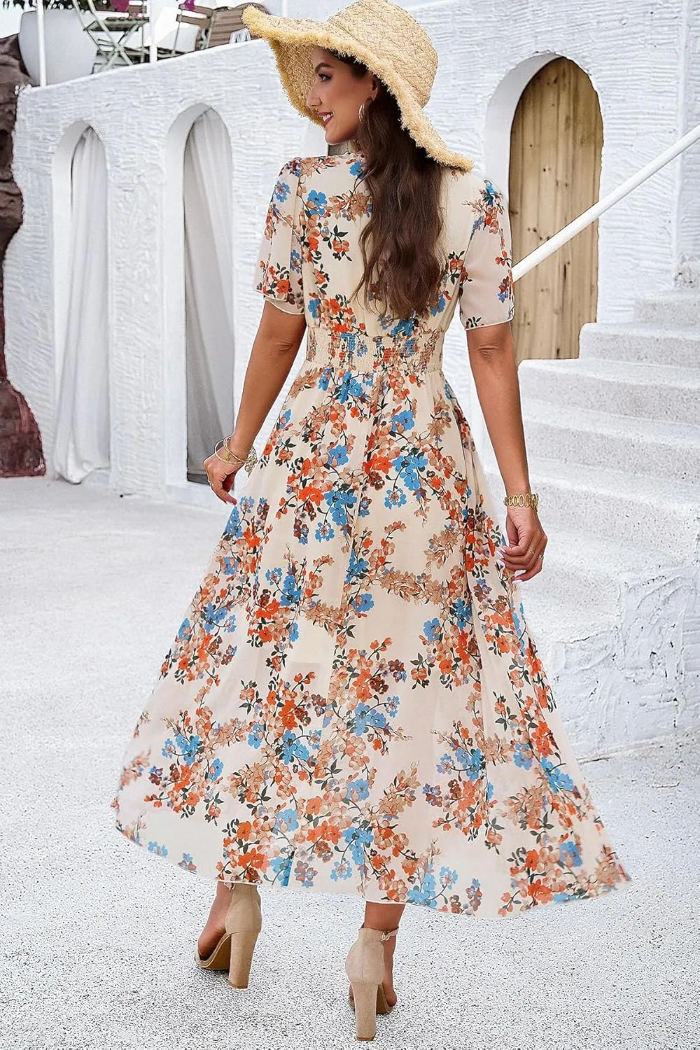 Women's Floral Maxi Dress Flowy V Neck Empire Waist Summer Wedding Guest Party Casual Chiffon Dress