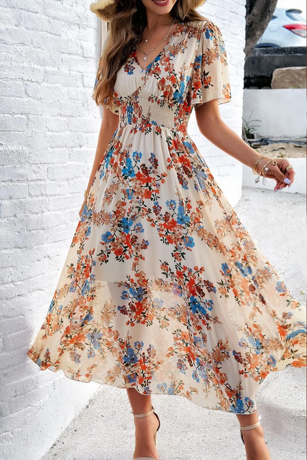 Women's Floral Maxi Dress Flowy V Neck Empire Waist Summer Wedding Guest Party Casual Chiffon Dress