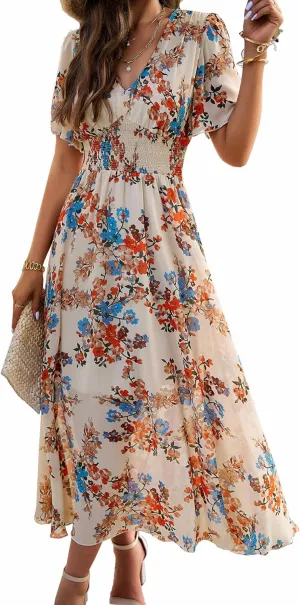 Women's Floral Maxi Dress Flowy V Neck Empire Waist Summer Wedding Guest Party Casual Chiffon Dress