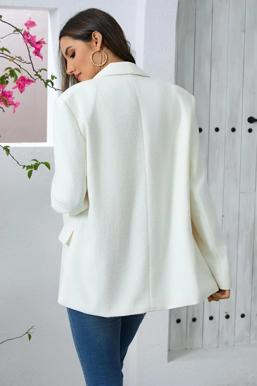 Women's Oversized Double-Breasted Suit Blazer Jacket Top Stitch Long Sleeve Casual Work Office Blazer with Pockets