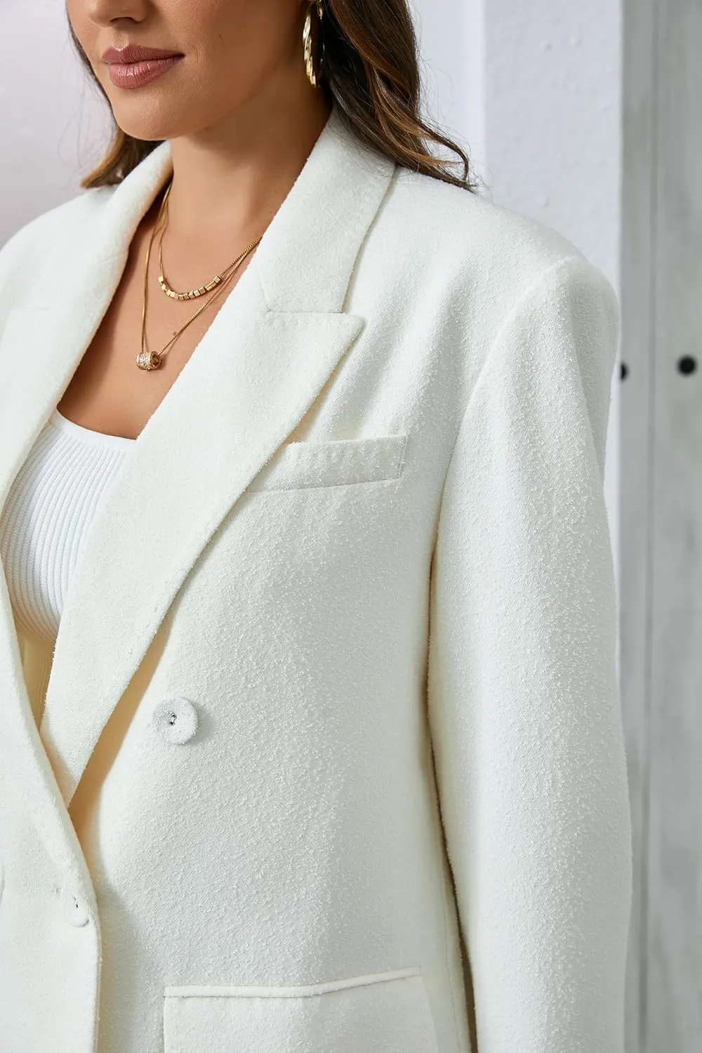 Women's Oversized Double-Breasted Suit Blazer Jacket Top Stitch Long Sleeve Casual Work Office Blazer with Pockets