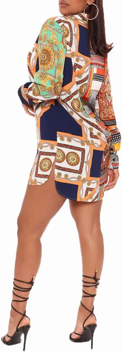 Women's Shirt Dresses Button Down Colorful Blouses Long Sleeve Floral Print Tops Loose Collar Sexy T-Shirts