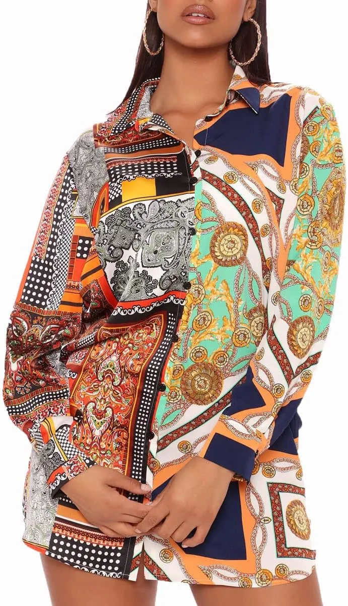 Women's Shirt Dresses Button Down Colorful Blouses Long Sleeve Floral Print Tops Loose Collar Sexy T-Shirts