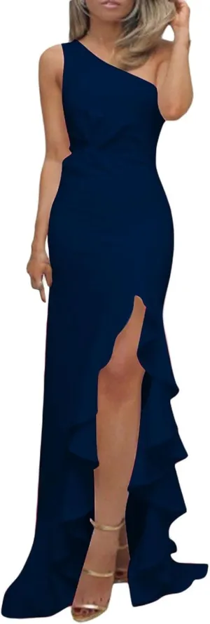 Women's Summer Formal Wedding Guest Dress Off Shoulder High Slit Maxi Bodycorn Dress Ruffle Hem Long Dresses