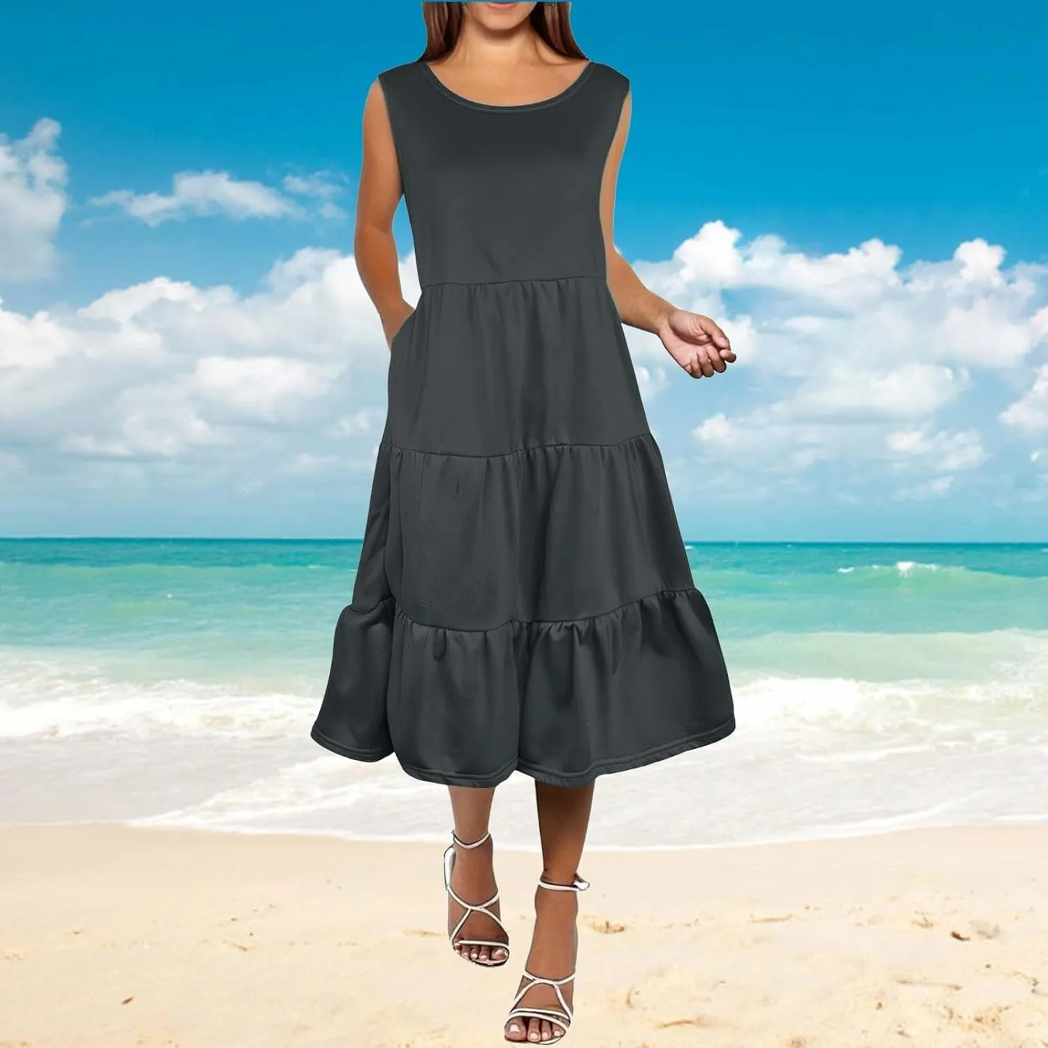 Women's Summer Sleeveless Maxi Sundress Swing Casual Flowy Tiered Shirts Dress Beach Travel Vacation Outfits