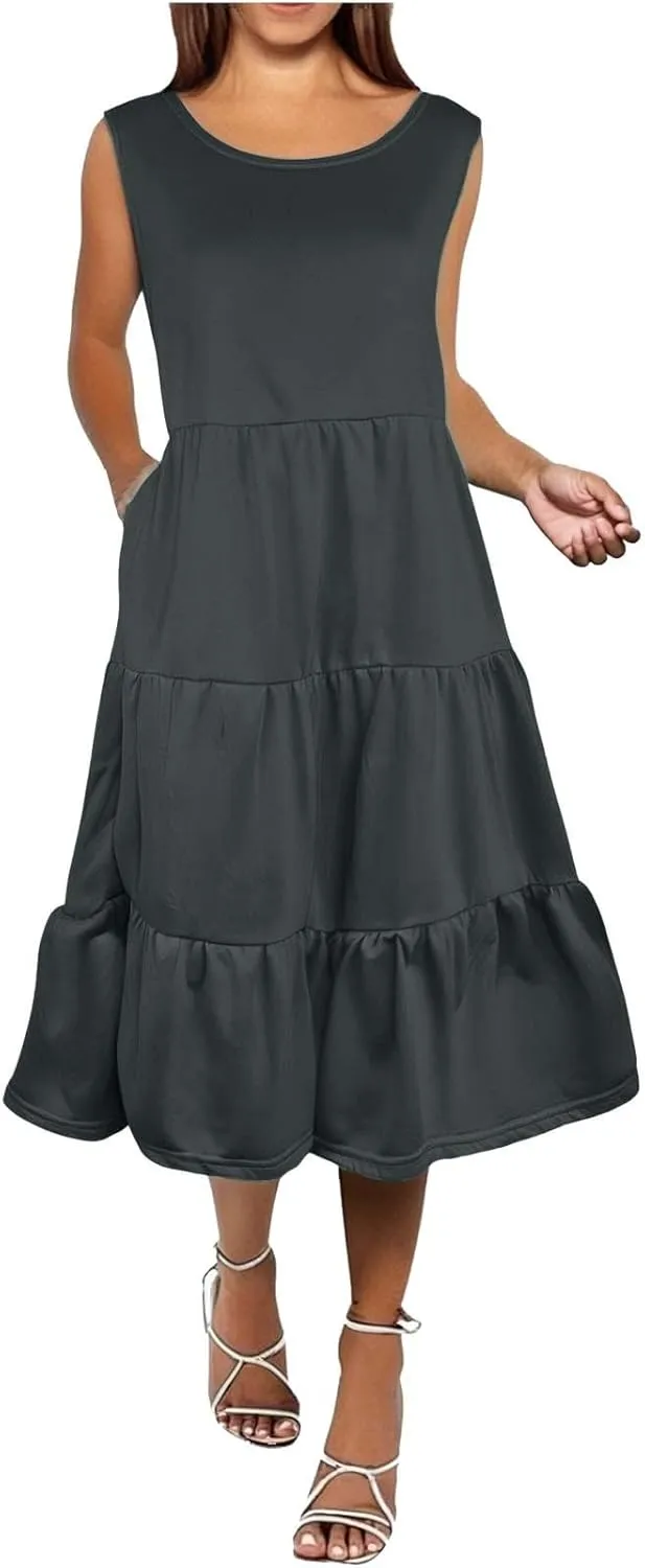 Women's Summer Sleeveless Maxi Sundress Swing Casual Flowy Tiered Shirts Dress Beach Travel Vacation Outfits