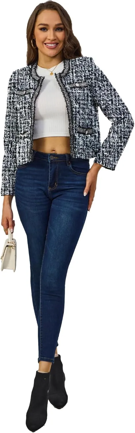 Women's Tweed Blazers Cropped Long Sleeve Crewneck Open Front Lace Trim Lightweight Plaid Work Business Jackets