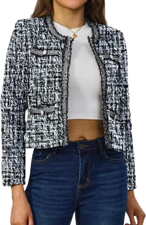 Women's Tweed Blazers Cropped Long Sleeve Crewneck Open Front Lace Trim Lightweight Plaid Work Business Jackets