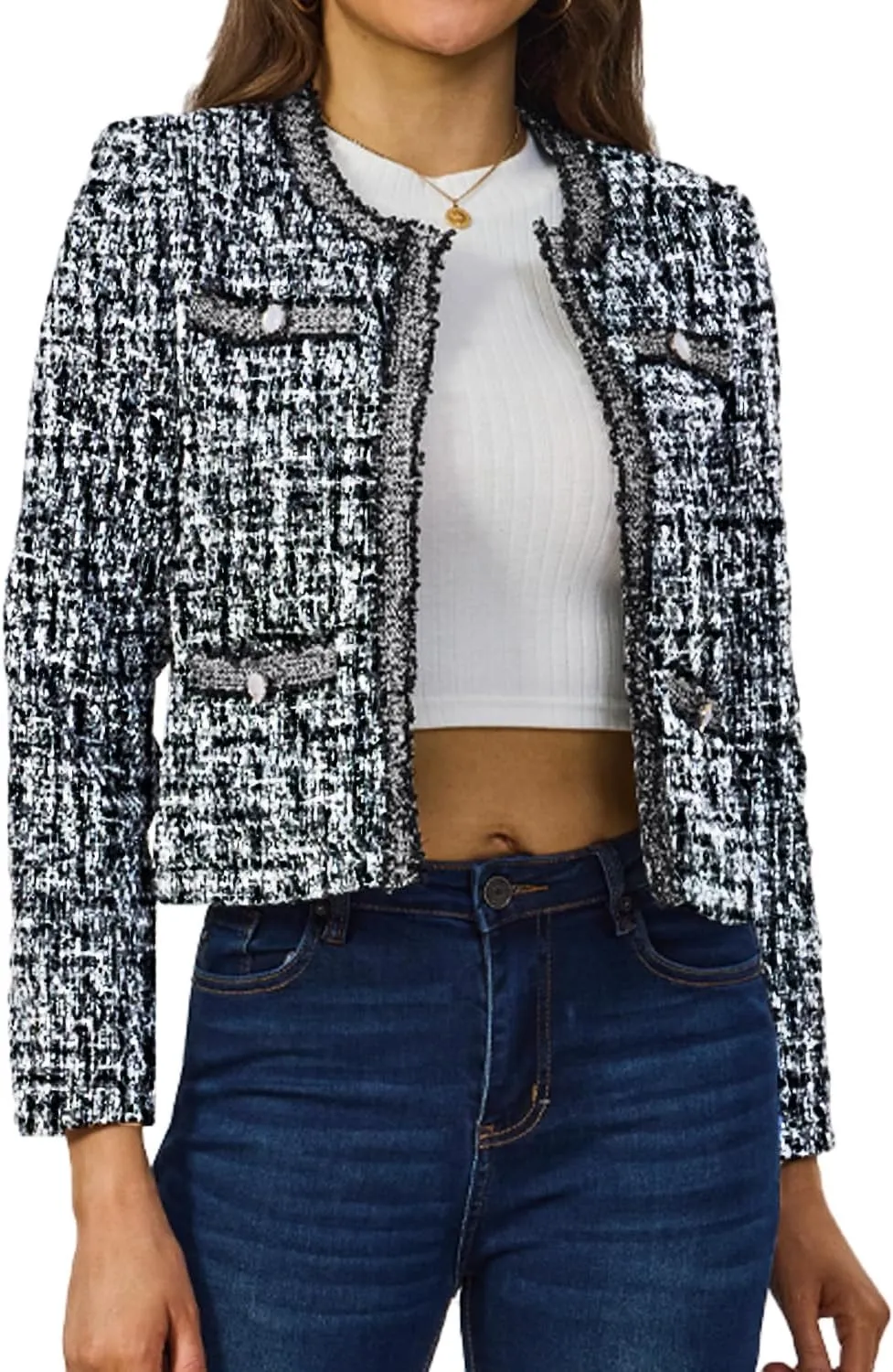 Women's Tweed Blazers Cropped Long Sleeve Crewneck Open Front Lace Trim Lightweight Plaid Work Business Jackets