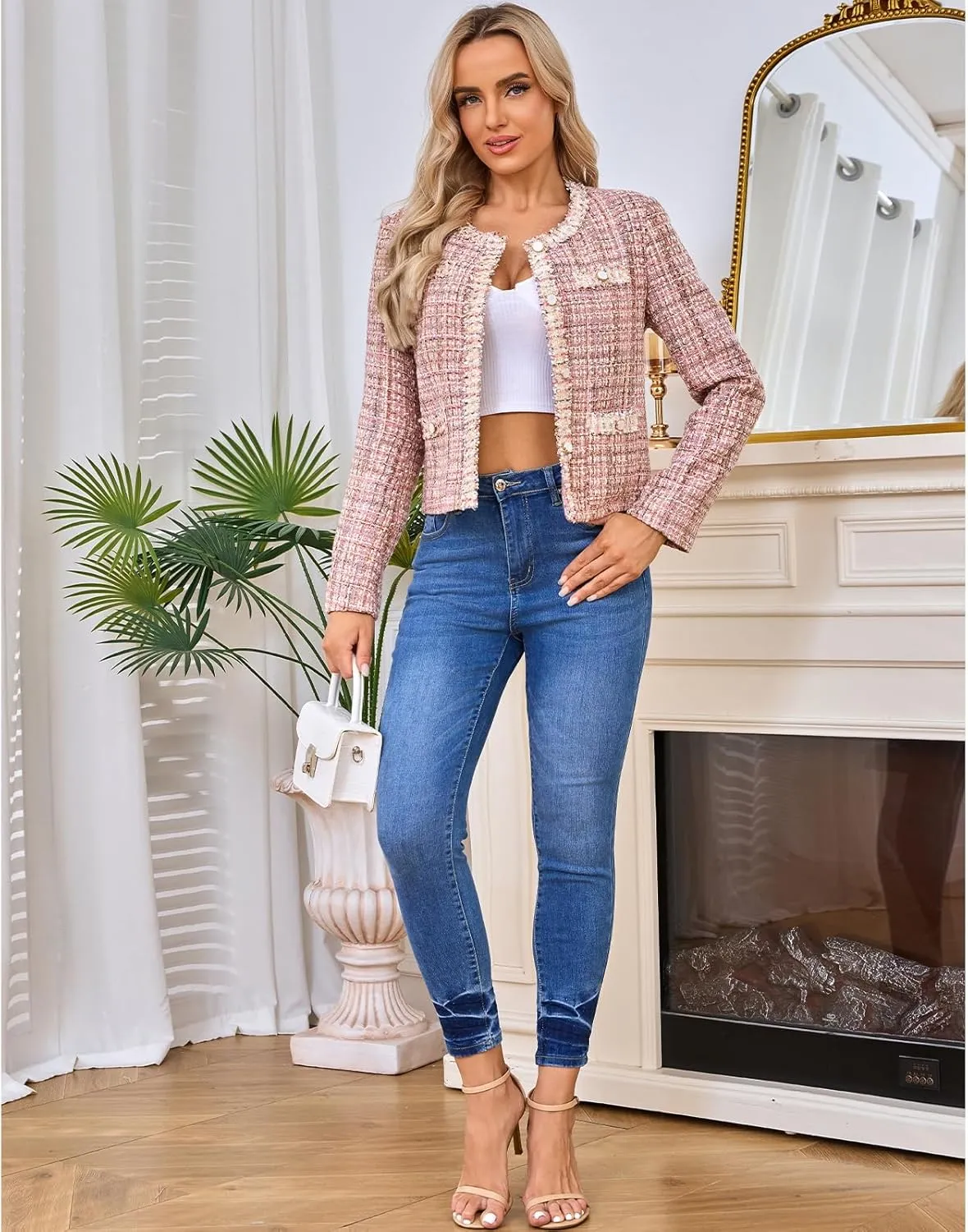 Women's Tweed Blazers Cropped Long Sleeve Crewneck Open Front Lace Trim Lightweight Plaid Work Business Jackets