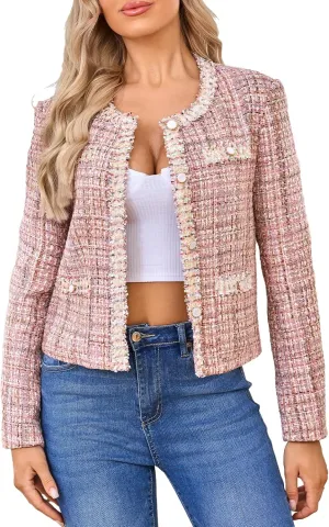 Women's Tweed Blazers Cropped Long Sleeve Crewneck Open Front Lace Trim Lightweight Plaid Work Business Jackets