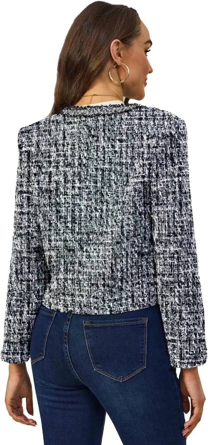 Women's Tweed Blazers Cropped Long Sleeve Crewneck Open Front Lace Trim Lightweight Plaid Work Business Jackets