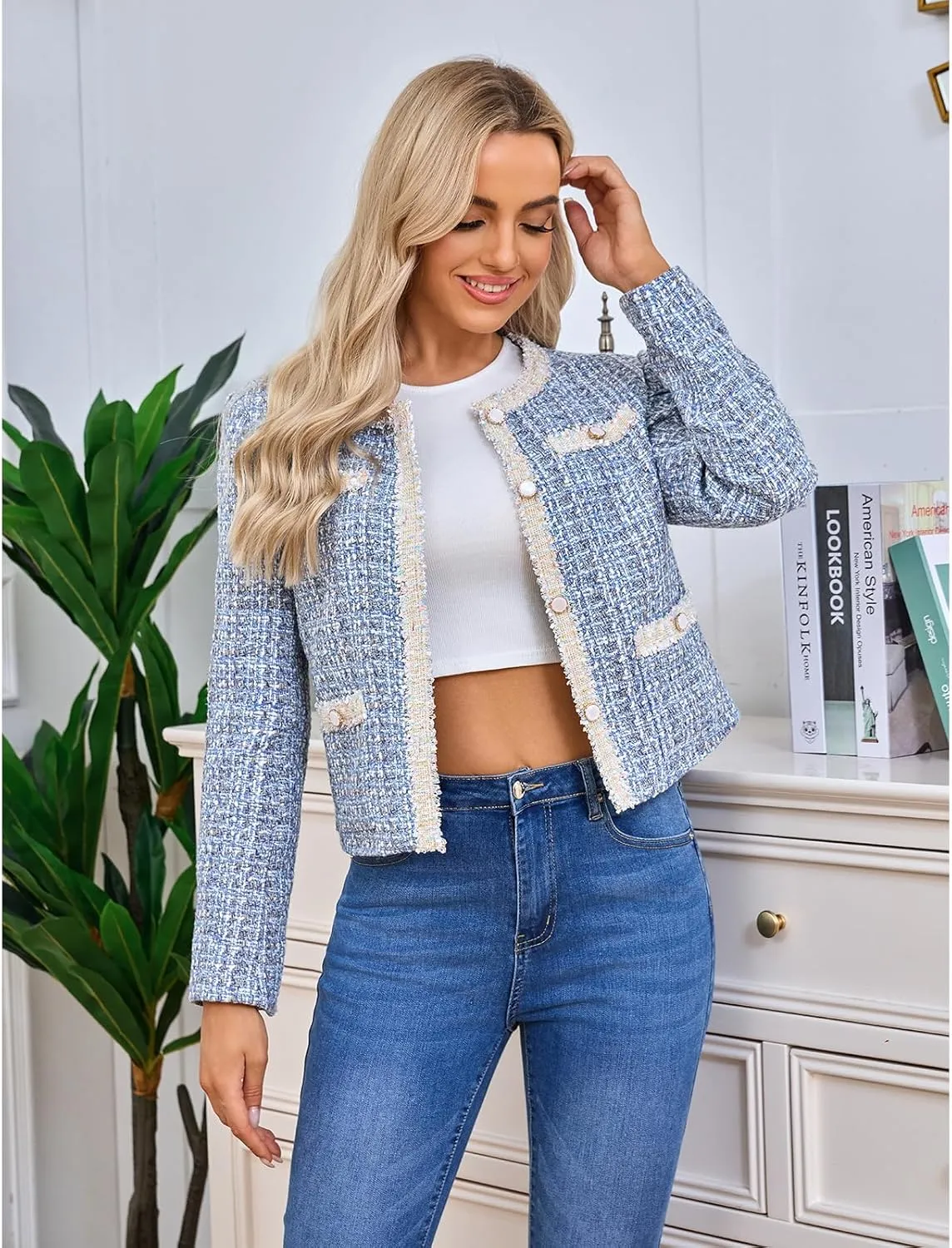 Women's Tweed Blazers Cropped Long Sleeve Crewneck Open Front Lace Trim Lightweight Plaid Work Business Jackets