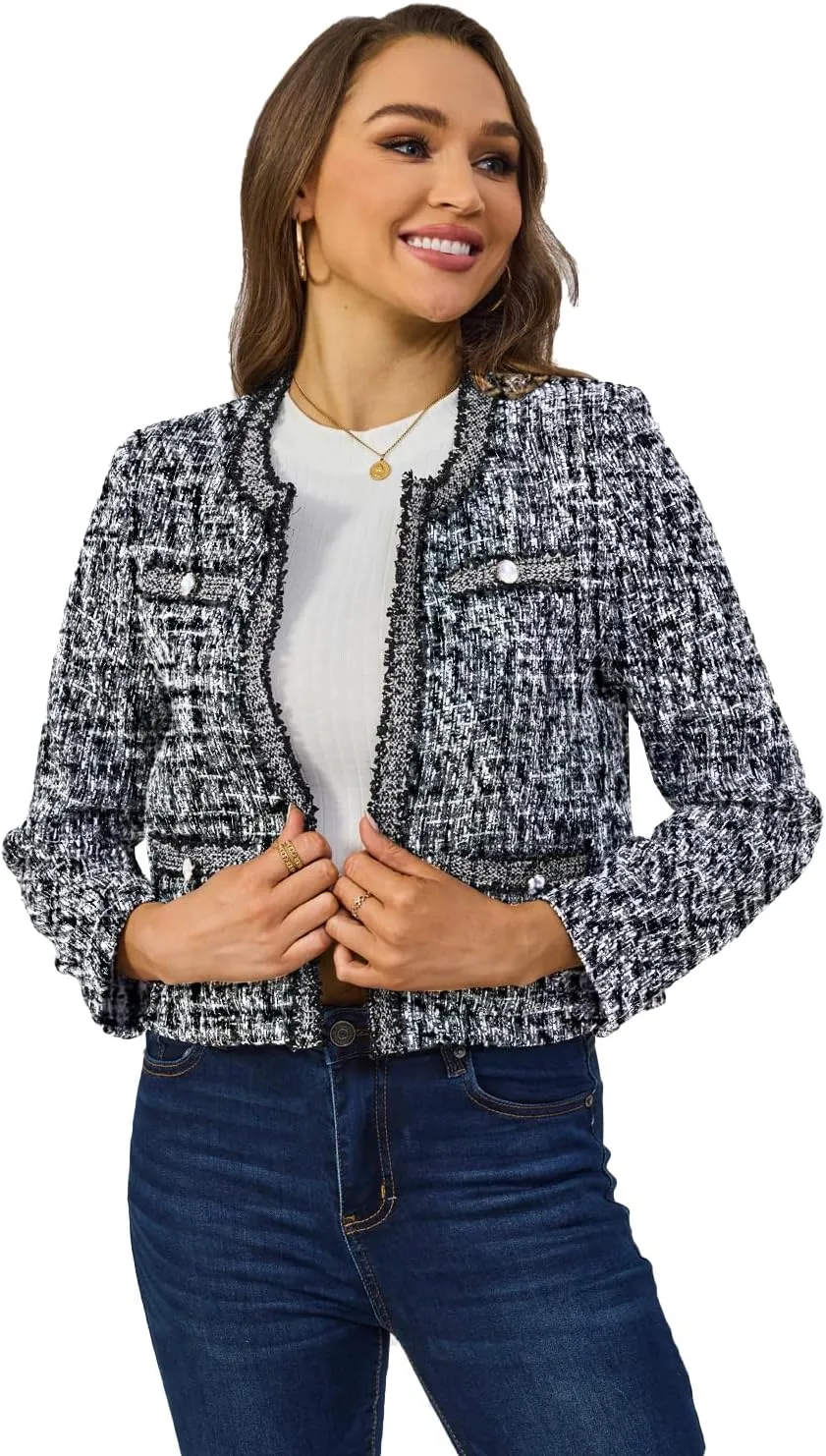 Women's Tweed Blazers Cropped Long Sleeve Crewneck Open Front Lace Trim Lightweight Plaid Work Business Jackets