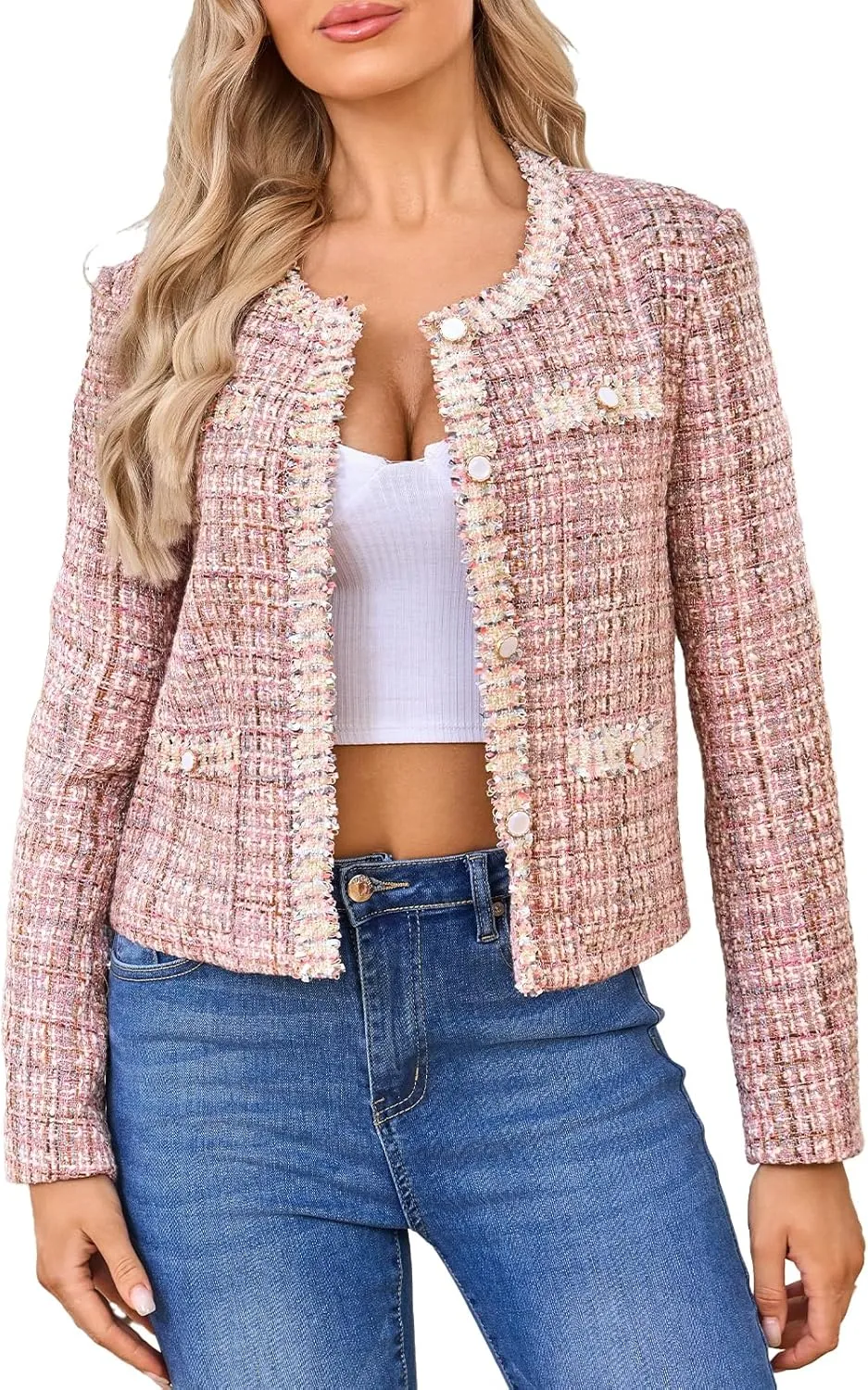 Women's Tweed Blazers Cropped Long Sleeve Crewneck Open Front Lace Trim Lightweight Plaid Work Business Jackets