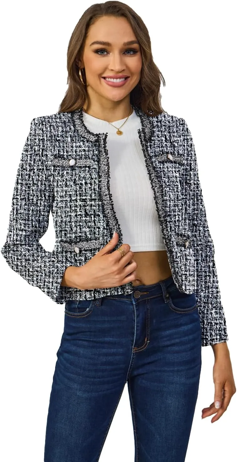 Women's Tweed Blazers Cropped Long Sleeve Crewneck Open Front Lace Trim Lightweight Plaid Work Business Jackets