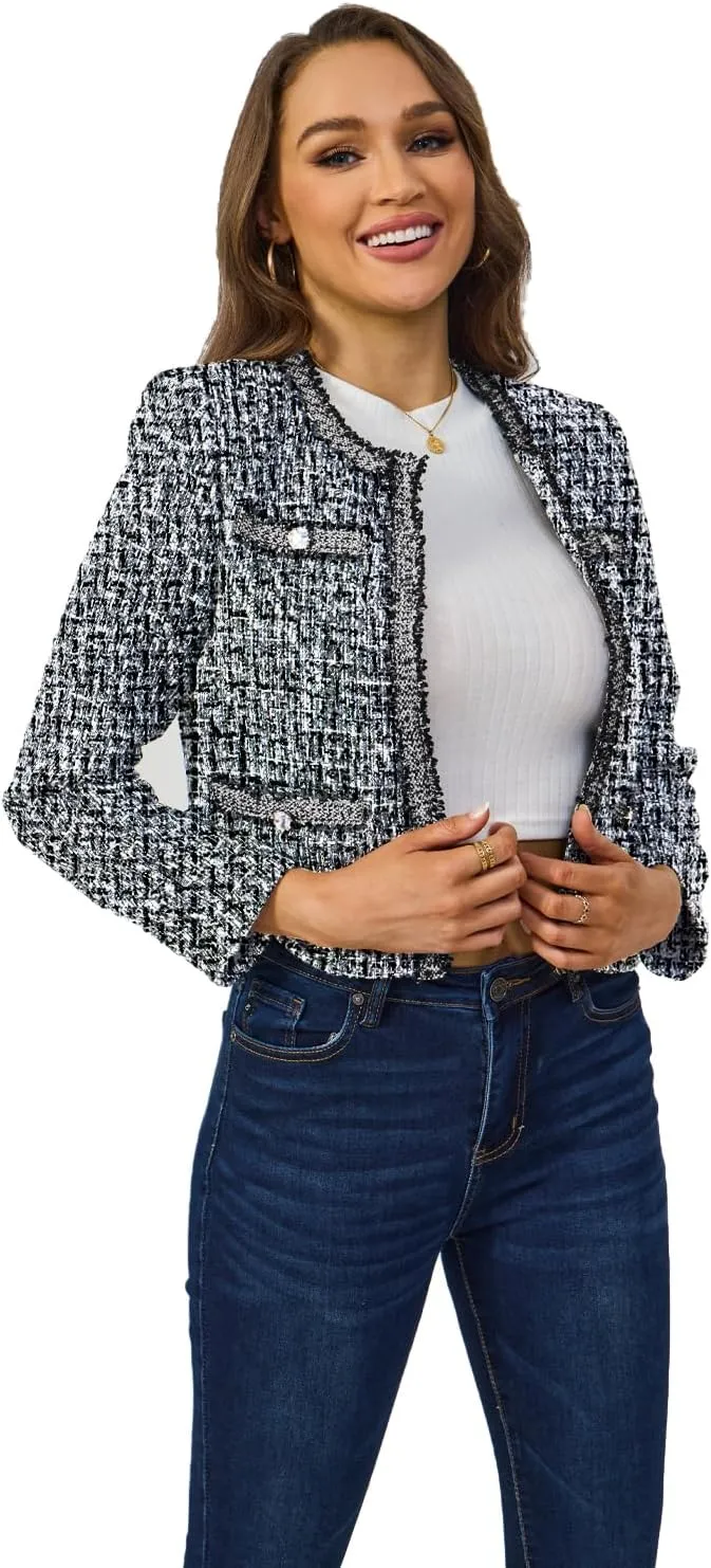 Women's Tweed Blazers Cropped Long Sleeve Crewneck Open Front Lace Trim Lightweight Plaid Work Business Jackets