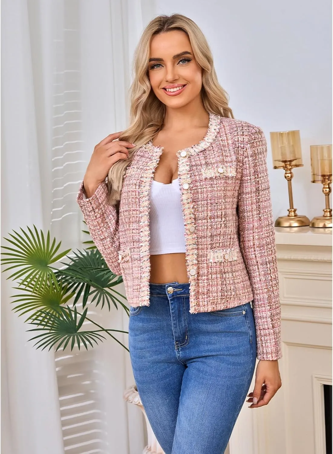 Women's Tweed Blazers Cropped Long Sleeve Crewneck Open Front Lace Trim Lightweight Plaid Work Business Jackets