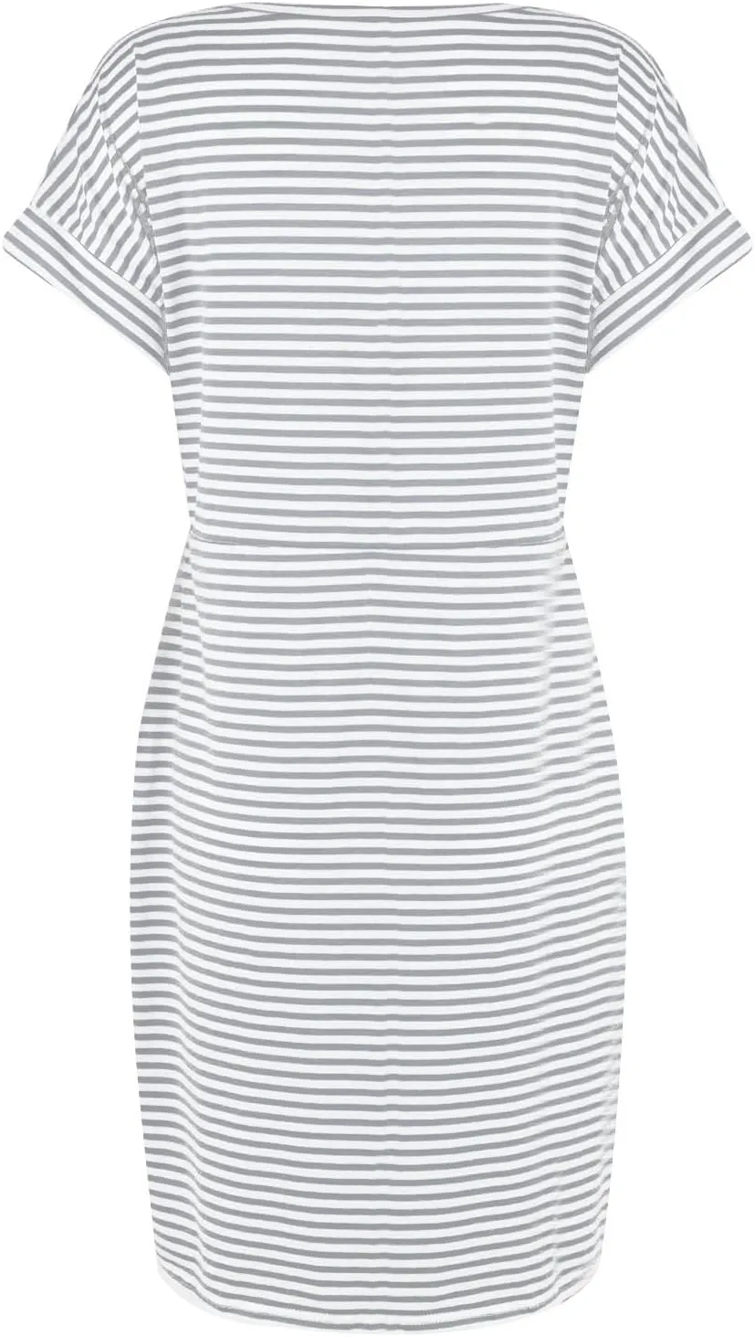 Work Striped Tshirt Dress Women Casual Tie Waist Crew Neck Short Sleeve Midi Office Dress Comfy Wrap T Shirt Dress
