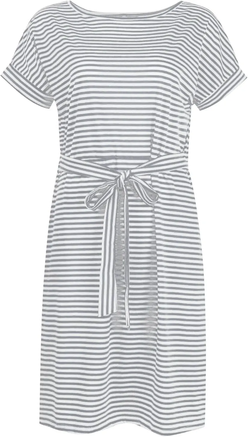 Work Striped Tshirt Dress Women Casual Tie Waist Crew Neck Short Sleeve Midi Office Dress Comfy Wrap T Shirt Dress