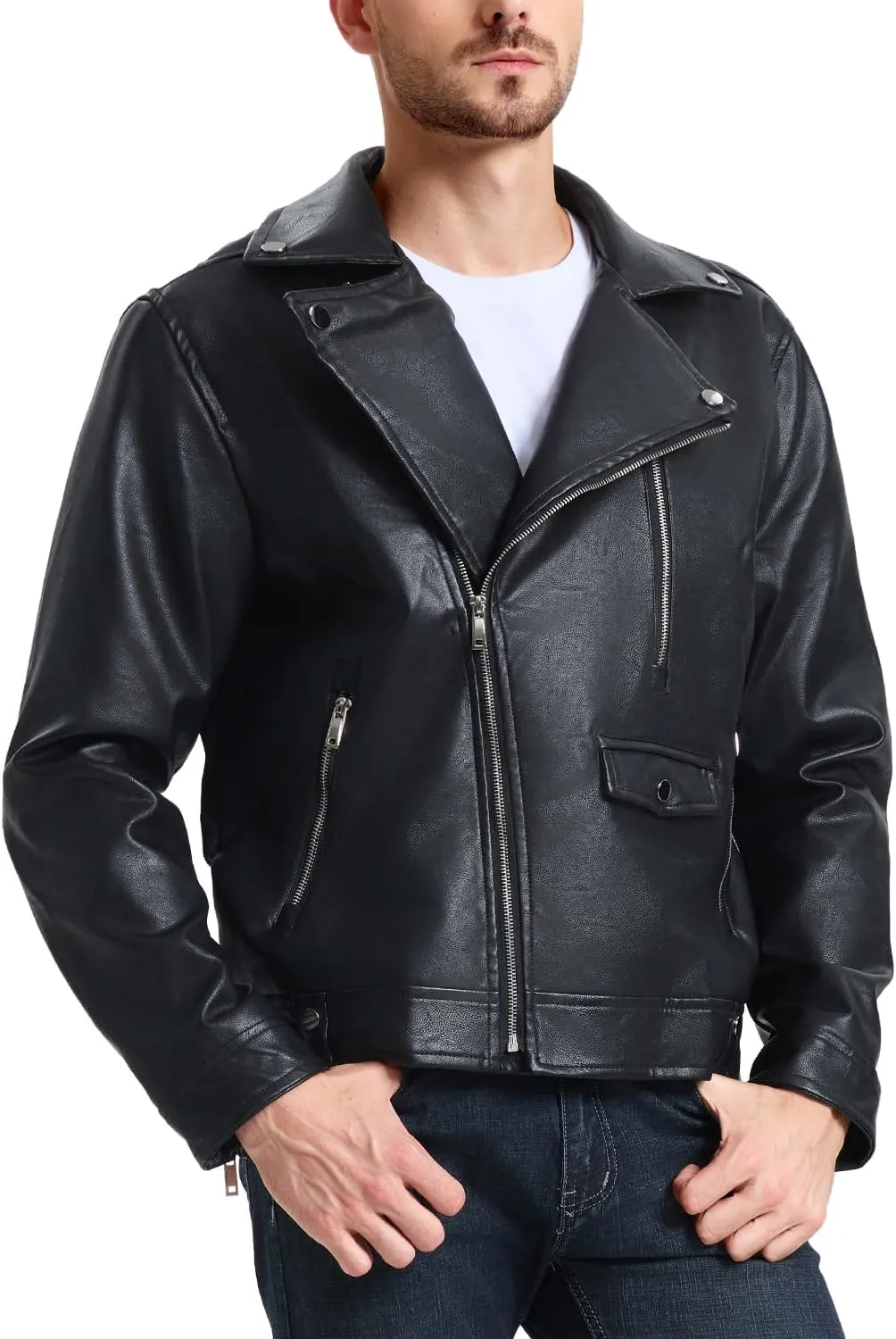 WULFUL Men's Leather Jackets, Faux Bomber Jacket for Men Motorcycle Lapel Asymmetric Zip-Up Slim Fit Biker Coat