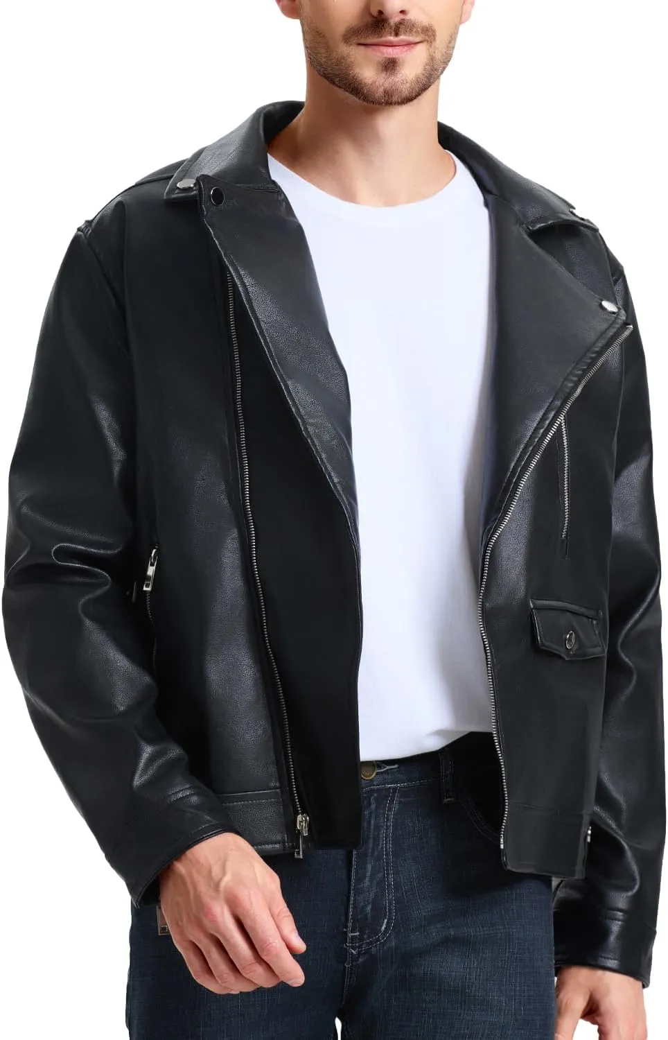 WULFUL Men's Leather Jackets, Faux Bomber Jacket for Men Motorcycle Lapel Asymmetric Zip-Up Slim Fit Biker Coat
