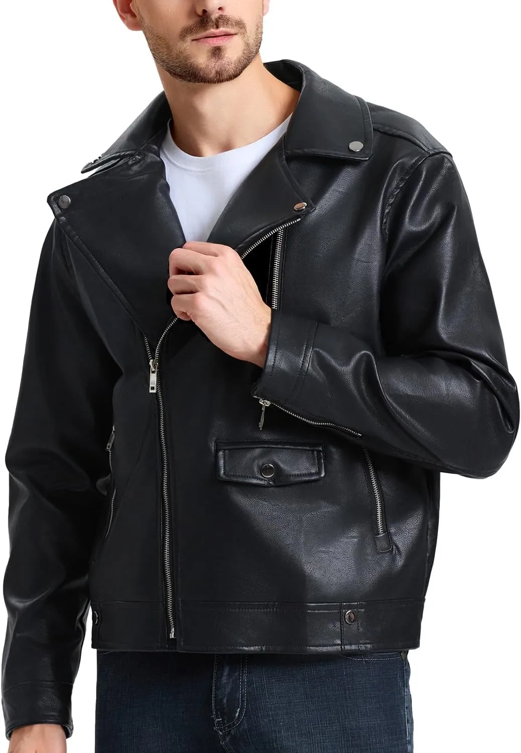 WULFUL Men's Leather Jackets, Faux Bomber Jacket for Men Motorcycle Lapel Asymmetric Zip-Up Slim Fit Biker Coat