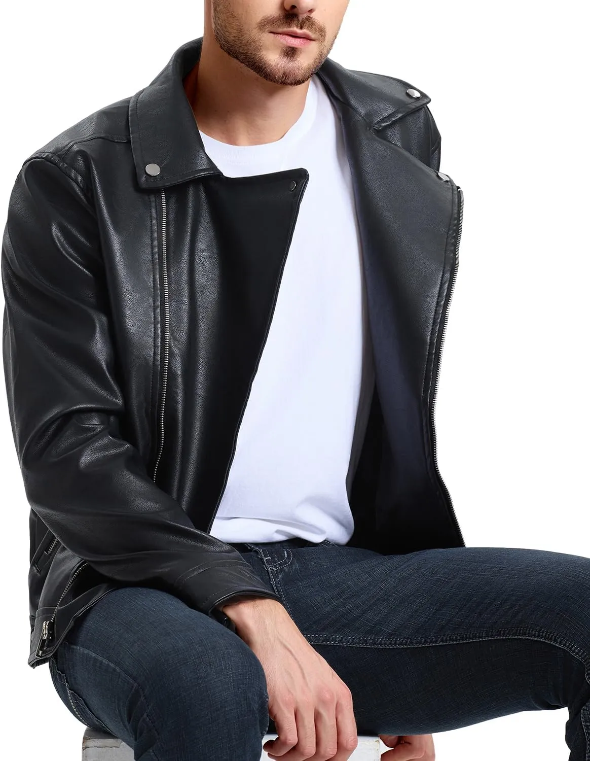 WULFUL Men's Leather Jackets, Faux Bomber Jacket for Men Motorcycle Lapel Asymmetric Zip-Up Slim Fit Biker Coat