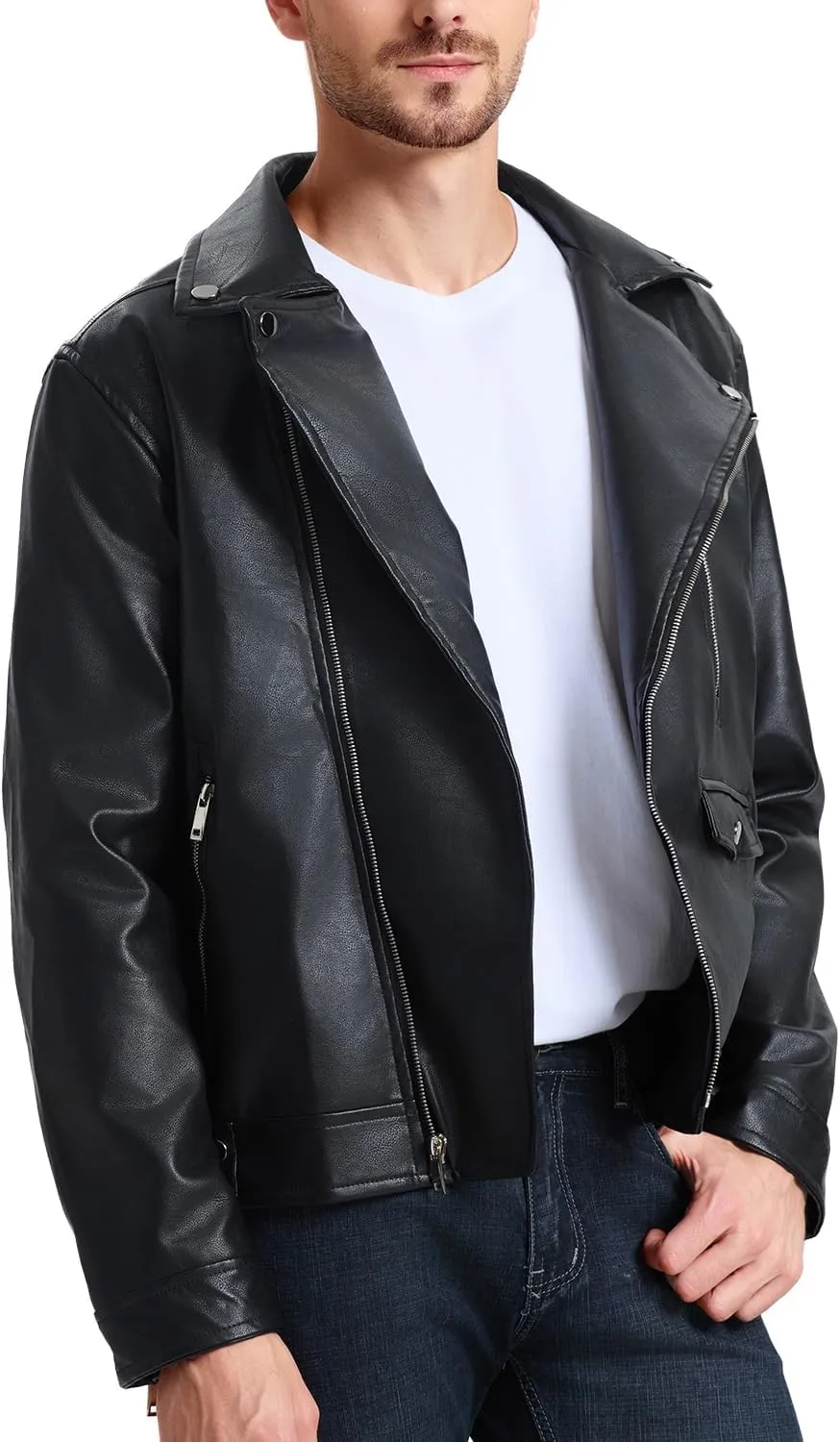 WULFUL Men's Leather Jackets, Faux Bomber Jacket for Men Motorcycle Lapel Asymmetric Zip-Up Slim Fit Biker Coat