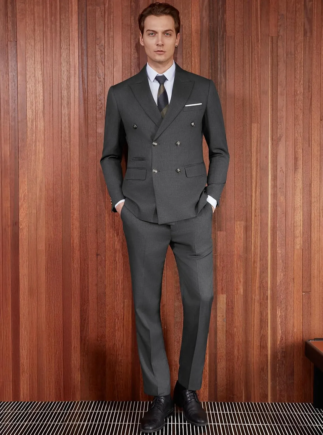 WULFUL Men's Suits Slim Fit 2 Piece Double Breasted Suit Men Tuxedo Blazer Jacket and Dress Pants Set for Business Wedding