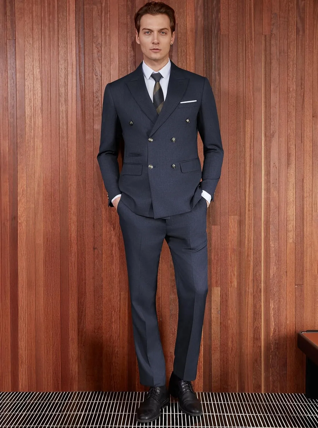 WULFUL Men's Suits Slim Fit 2 Piece Double Breasted Suit Men Tuxedo Blazer Jacket and Dress Pants Set for Business Wedding