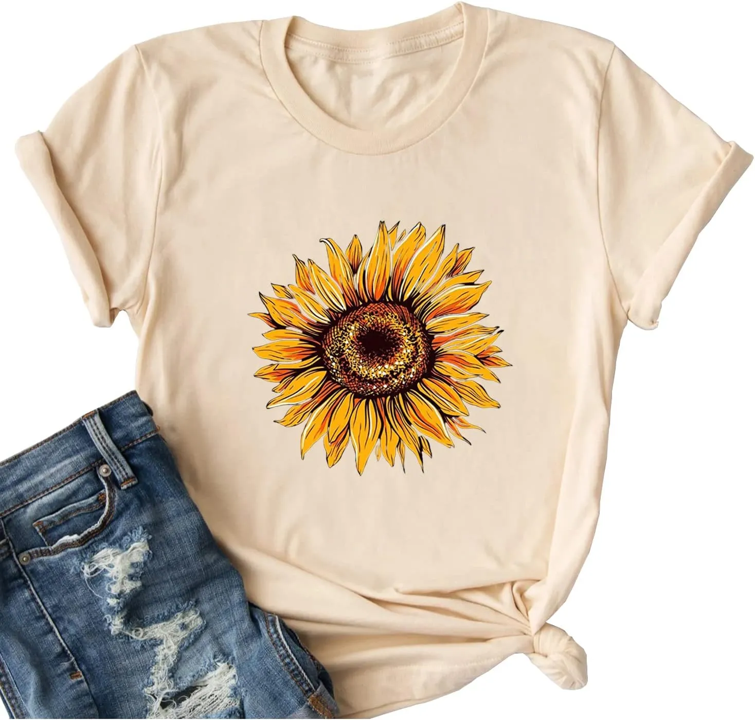 Ykomow Sunflower Shirts Floral Print Graphic Tees Womens Casual Mothers Day Shirt 4th of July T Shirt