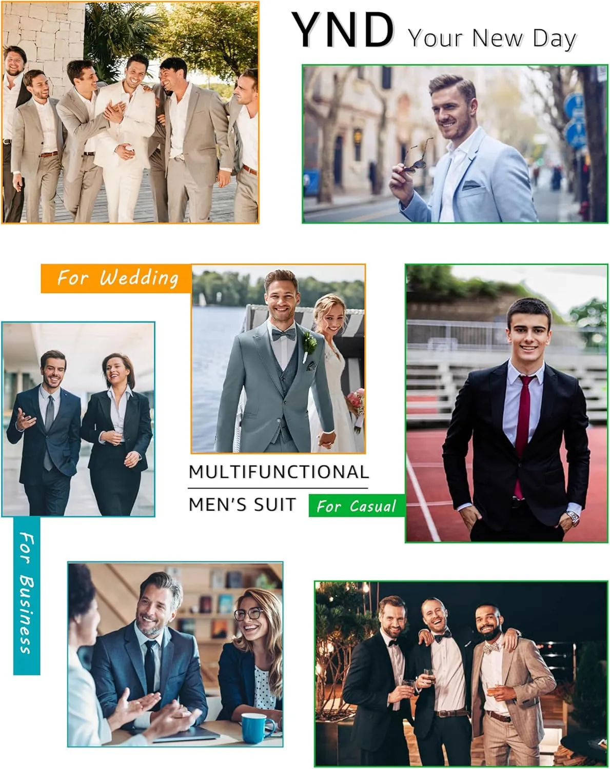 YND Men's Slim Fit 3 Piece Suit with Stretch Fabric, One Button Solid Blazer Vest Pants, Party Wedding Dress with Tie
