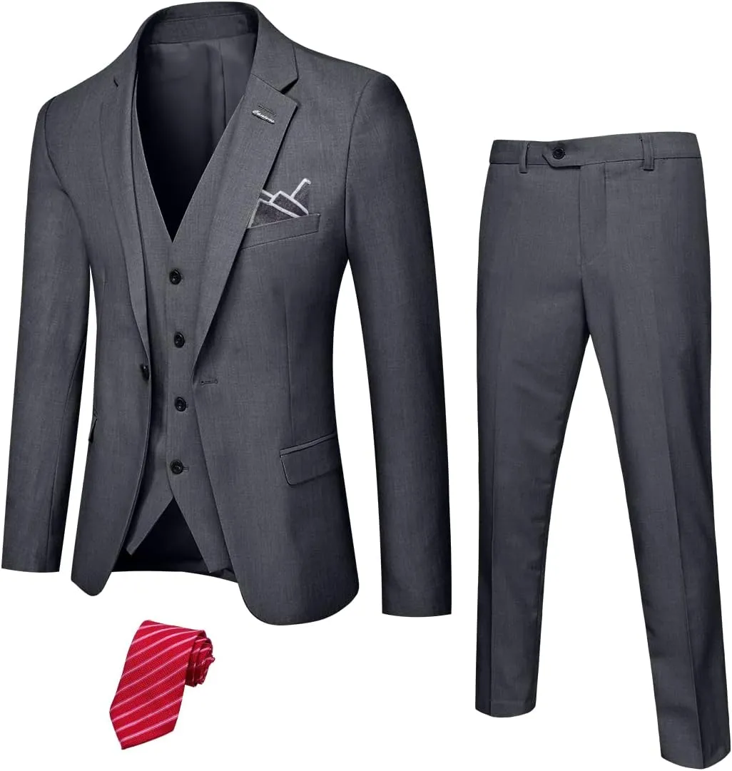 YND Men's Slim Fit 3 Piece Suit with Stretch Fabric, One Button Solid Blazer Vest Pants, Party Wedding Dress with Tie