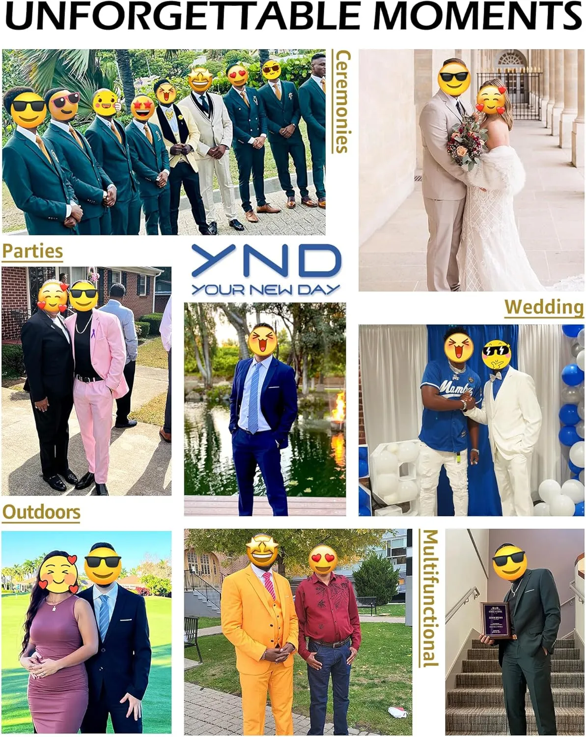 YND Men's Slim Fit 3 Piece Suit with Stretch Fabric, One Button Solid Blazer Vest Pants, Party Wedding Dress with Tie