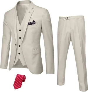 YND Men's Slim Fit 3 Piece Suit with Stretch Fabric, One Button Solid Blazer Vest Pants, Party Wedding Dress with Tie
