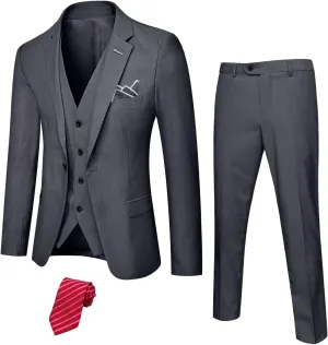 YND Men's Slim Fit 3 Piece Suit with Stretch Fabric, One Button Solid Blazer Vest Pants, Party Wedding Dress with Tie