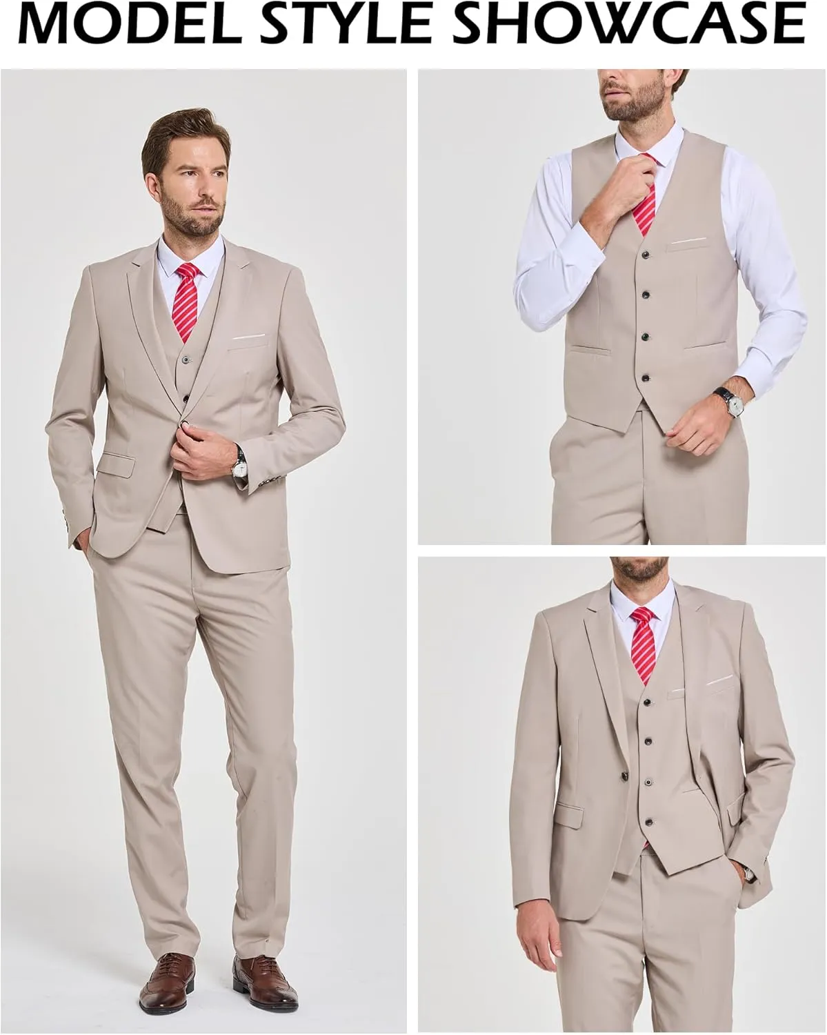 YND Men's Slim Fit 3 Piece Suit with Stretch Fabric, One Button Solid Blazer Vest Pants, Party Wedding Dress with Tie
