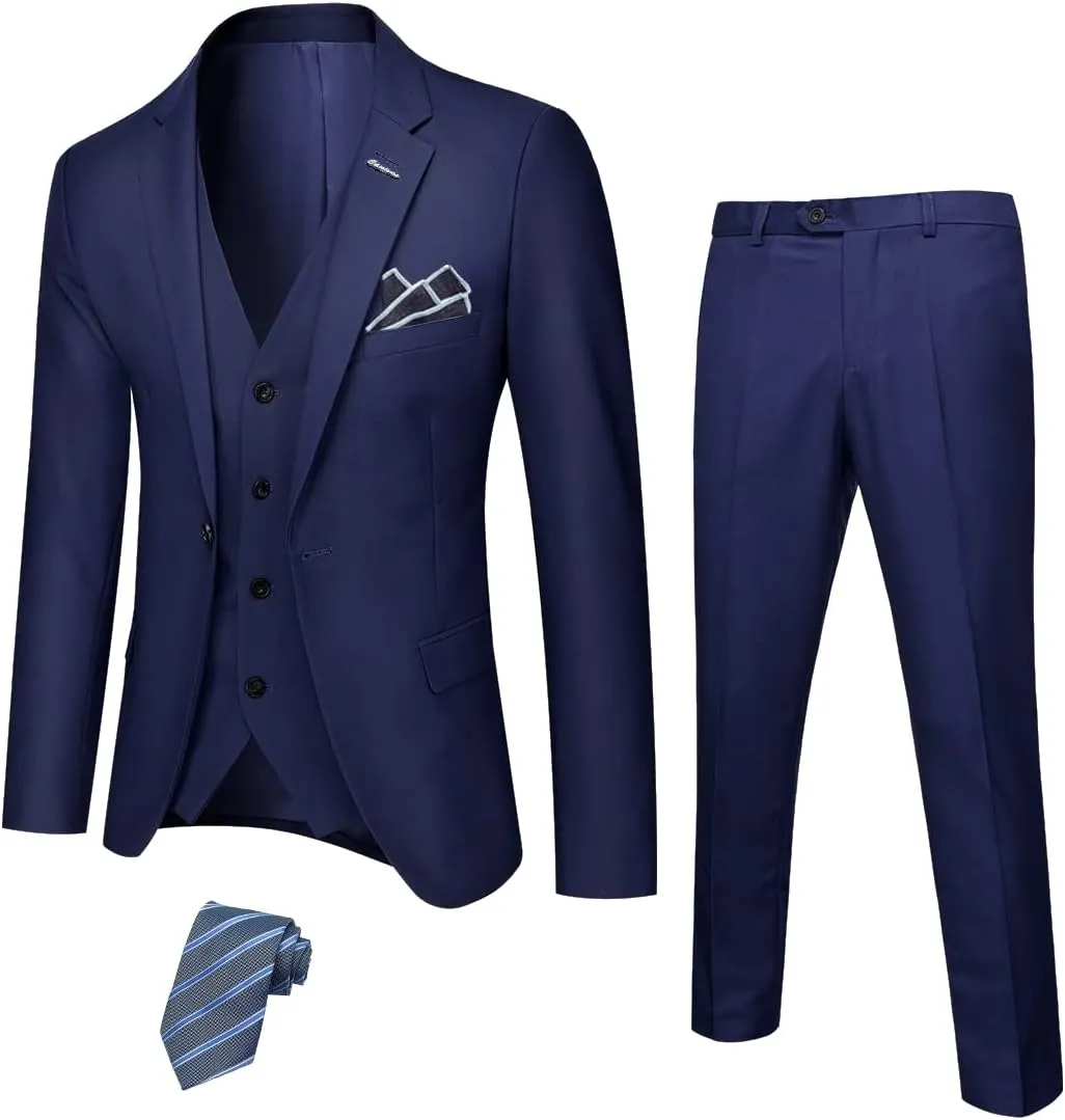 YND Men's Slim Fit 3 Piece Suit with Stretch Fabric, One Button Solid Blazer Vest Pants, Party Wedding Dress with Tie