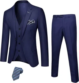 YND Men's Slim Fit 3 Piece Suit with Stretch Fabric, One Button Solid Blazer Vest Pants, Party Wedding Dress with Tie