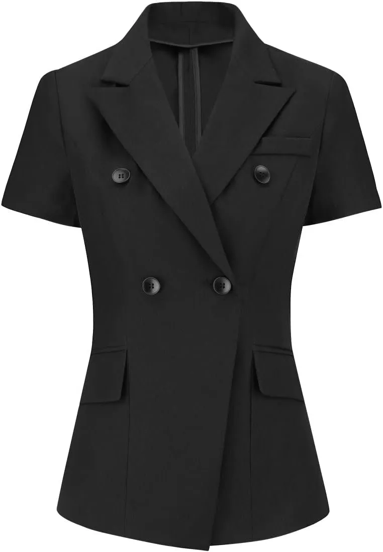 YYNUDA Women's Business Skirt Suit Set Formal Solid Short Sleeve Double Breasted Blazer Suit Set