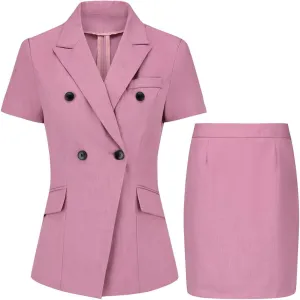 YYNUDA Women's Business Skirt Suit Set Formal Solid Short Sleeve Double Breasted Blazer Suit Set