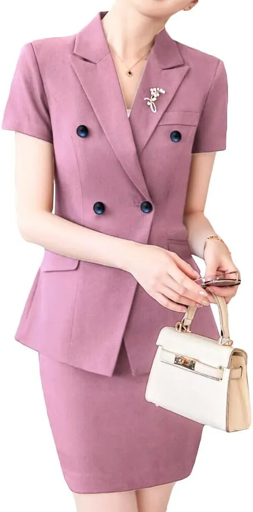 YYNUDA Women's Business Skirt Suit Set Formal Solid Short Sleeve Double Breasted Blazer Suit Set